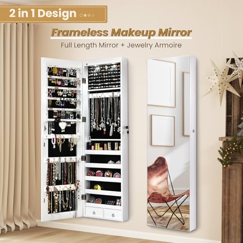 NAFORT 2 LEDs Mirror Jewelry Armoire, 47.5" H Door or Wall Mounted Jewelry Cabinet with Frameless Mirror, Lockable Jewelry Storage Box, Hanging Jewelry Organizer with 2 Drawers, White - Image 4