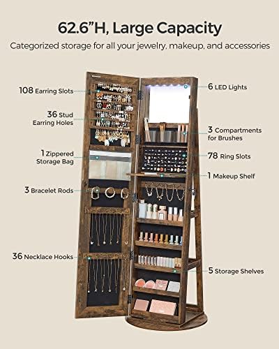 SONGMICS LED Mirror Jewelry Cabinet Standing, Adjustable Lights, Lockable - Image 5