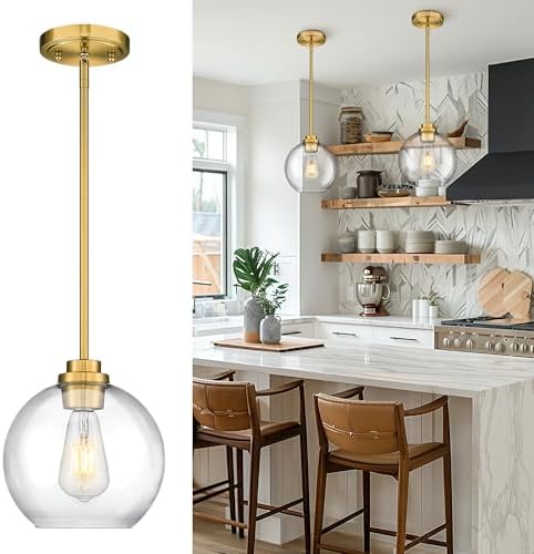 Gold Pendant Lights Kitchen Island, 8" Pendant Light Fixtures with Globe Clear Glass Shade, Modern Kitchen Island Lighting for Bathroom, AD-22280-1PL-GD by Audickic