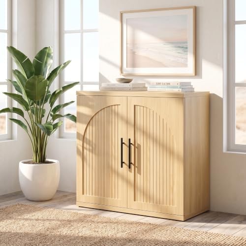 Jocoevol 31.5" Fluted Oak Buffet Cabinet Sideboard with Storage, Small Sideboard Cabinet with 2 Doors, Wood Mid Century Modern Sideboard for Kitchen and Living Room (31.5" W*31.5" H*15.8" D) by JOCOEVOL