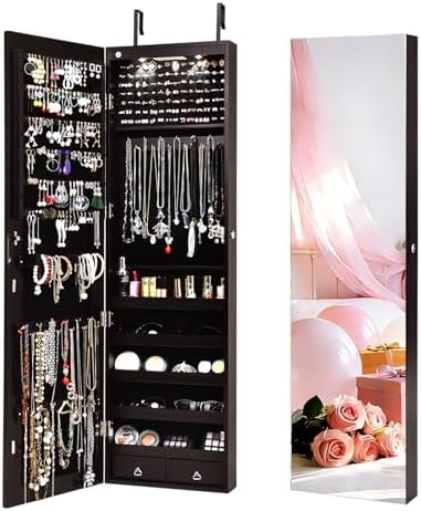 NAFORT 2 LEDs Mirror Jewelry Cabinet, 47.5-Inch Tall Wall or Door Mounted Jewelry Organizers and Storage with Frameless Full-length Mirror, Lockable Jewelry Armoire with 2 Drawers, Espresso by NAFORT