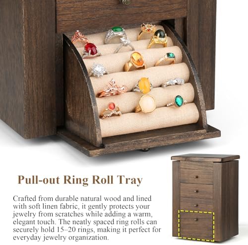 Meangood Jewelry Box Jewelry Organizer, 5-Layer Wooden Jewelry Organizers and Storage Boxes for Women Girls, Ring Earring Bracelet Necklace Holder Organizer with Mirror & Drawers (Walnut) - Image 6