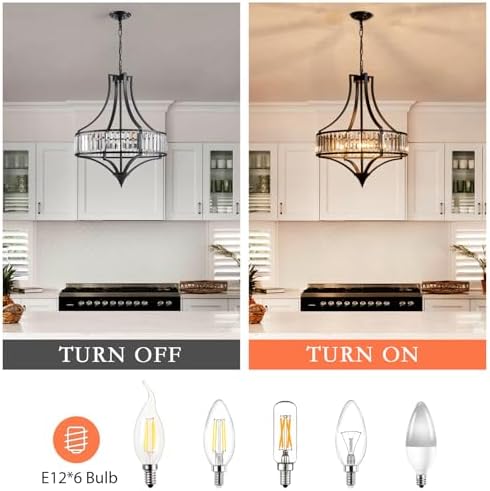 Crystal Chandeliers for Dining Room Rustic Farmhouse Chandelier with Round Metal Shade 6-Light Black Large Crystal Light Fixture for Kitchen Island Hallway Bedroom Home Office - Image 2