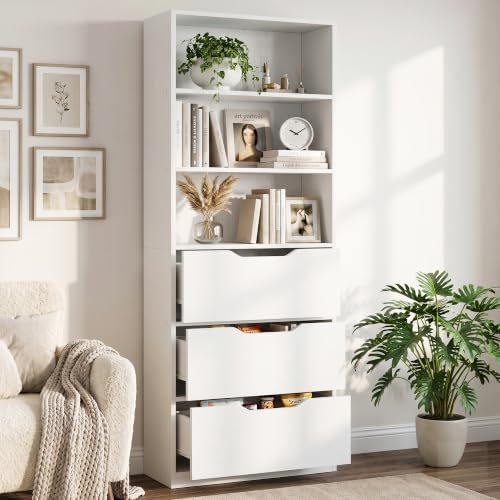 Shintenchi Bookshelf,6-Tier Bookcase with 3 Drawers, 6 Shelf Display Storage Shelves Floor Standing 70.6 inches Tall Bookcase for Home Office, Living Room (White) - Image 2