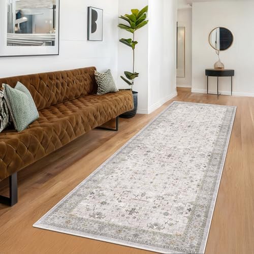 Neutral Light Gray & Sage Kitchen Rug 10 ft Long - Modern Boho 3x10 Extra Long Runners for Hallways, Washable Low Pile Entryway Indoor Rug, Non-Slip Stain Resistant Low Pile Throw Carpet by HazoHaus