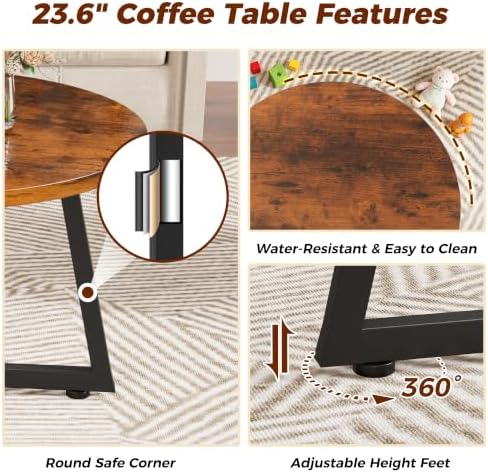 Coffee Table, 23.6" Round Coffee Tables for Living Room, Brown Coffee Table - Image 6