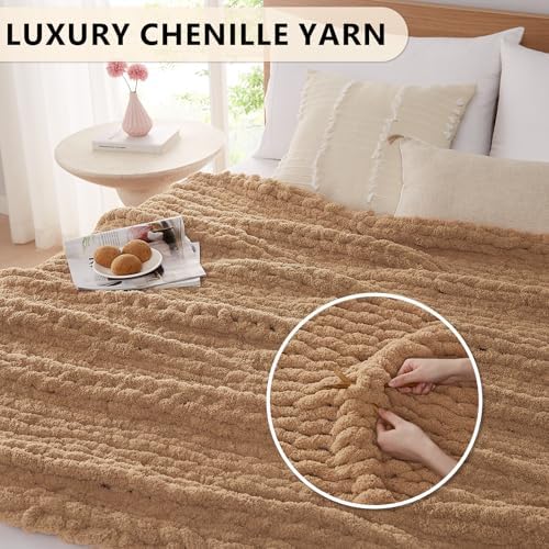 L'AGRATY Chunky Knit Throw Blanket for Couch, 60'' x 80'' Knit Throw, Tan - Image 3