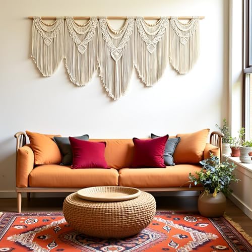 Extral Large macrame wall hanging, 71'' W x 32'' L boho wall art tapestry wall decor for urban entryway,living room,bedroom decor, headboard woven wall art, big fiber art over couch art for Yarn hallway - Image 6