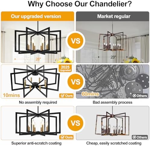 25"-61" Height Adjustable Modern Black and Gold Chandelier for Dining Room, No Assembly Required Dining Room Light Fixture Over Table, Industrial Metal Pendant Lights Fixture for Kitchen Island - Image 2
