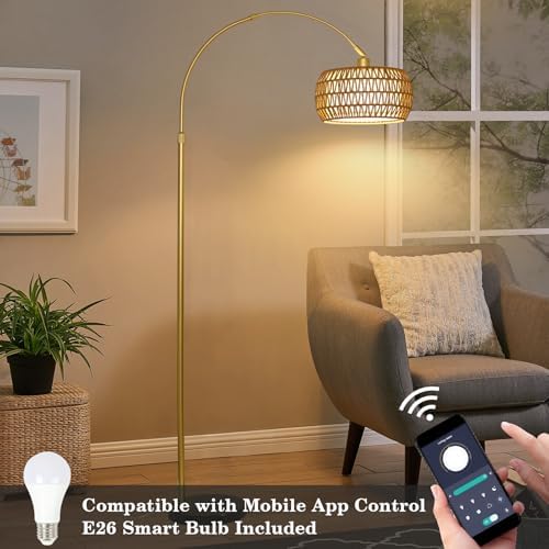 Gold Floor Lamps for Living Room, Arc Floor Lamp with Remote & Dimmable Bulb, Boho Rattan Standing lamp with 3 Color Temperatures, Height Adjustable Tall Lamp for Bedroom, Over Couch Reading Lamp - Image 4