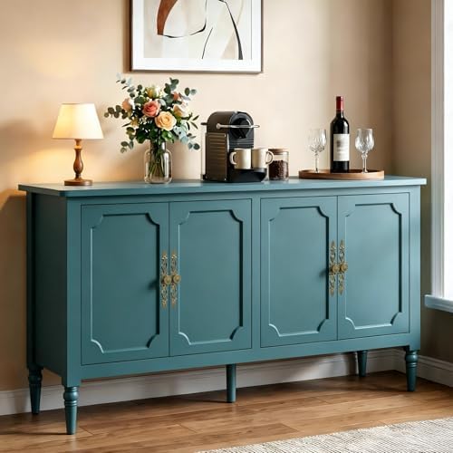 RoyalCraft Buffet Cabinet with Storage, 59" Vintage Sideboard with Adjustable Shelves, Mid Century Modern Painted Credenza Coffee Bar for Kitchen, Dining Room, Entryway, Living Room, Turquoise Blue by Bringyoubetterlife