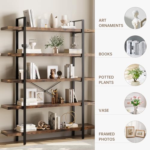 2PCS Heavy Duty 5 Tier Industrial Bookcase for Home Office, Rustic Brown - Image 3