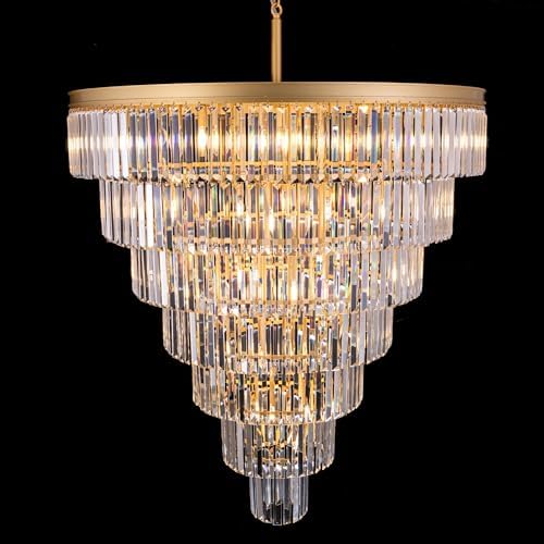 TOCHIC Large Crystal Chandelier for High Ceiling, 40-inch 7-Tier Modern Gold Crystal Chandeliers Lighting Fixture, Raindrop K9 Round Light for Entryway Staircase Foyer Living Bedroom Dining Room by TochicLightingEnjoytheDifference