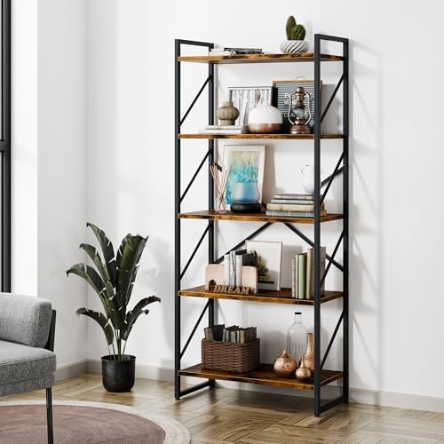 Shintenchi 5 Tiers Bookshelf, Classically Tall Bookcase Shelf, Industrial Book Rack, Modern Book Holder in Bedroom/Living Room/Home/Office, Storage Rack Shelves for Books/Movies-Rustic Brown by Shintenchi%7CFurnitureMadeforRealLife