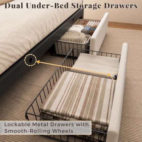 Queen Bed Frame with 2 Storage Drawers, Light Beige Velvet Upholstered - Image 4