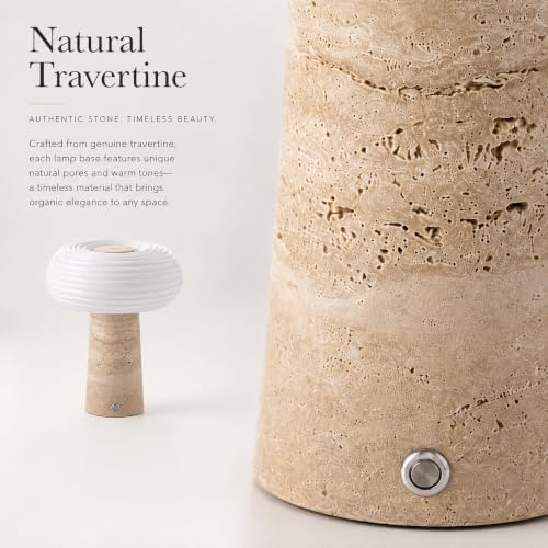 Nebula Travertine Cordless Table Lamp, Rechargeable Lamp with 5200mAh Battery, 3- Way Dimmable, Natural Marble Base, Ribbed Glass Shade, for Bedroom Living Room Office - Image 6