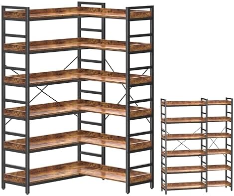 HCHQHS Adjustable Book Shelf with 8 Hooks, Reversible Corner Bookshelf, Industrial Wooden and Metal Bookcase for Living Room, Bedroom, Home Office (Rustic Brown, 6 Tier) by HCHQHS