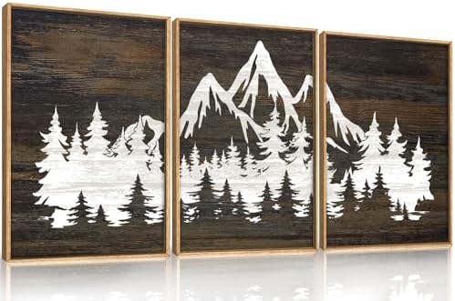 LHIUEM Large Mountain Tree Framed Canvas Wall Art Set,Modern White Forest Art Printing Country Minimalist Wood Wall Decor Farmhouse Zen Artwork for Living Room Bedroom Office-16 x24 x3 by LHIUEM