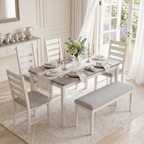 ROCSUMOO 6-Piece Dining Table and Chair Set with 4 Chairs & 1 Bench, Grey by ROCSUMOO