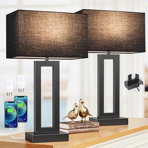 Seealle 22" Tall Living Room Lamps for Night Stands - Touch Bedside Lamp with USB C+A, 3 Way Dimmable Bedroom Lamps for End Tables Set of 2, Modern Night Stand Lamps for Bed Side(Black&Black) by SeealleLighting