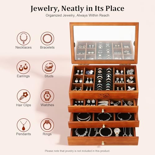 Large Wooden Jewelry Box with Mirror, 4 Layers Jewelry Organizer with 3 Drawers, Watches Necklace Ring Storage Box for Women - Image 5