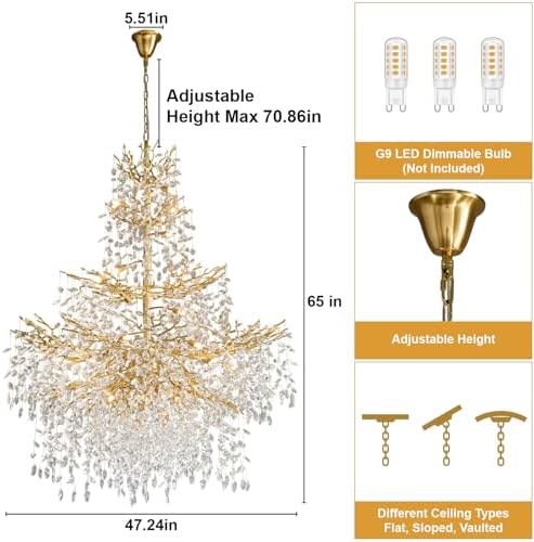 YUYI 65" Long Crystal Chandelier for High Ceiling, 27-Light Gold Tree Branch Chandelier, Large Chandeliers for High Ceilings, Staircase, Foyer, Entryway, Luxury K9 Crystal Raindrop Tiered Chandelier - Image 4