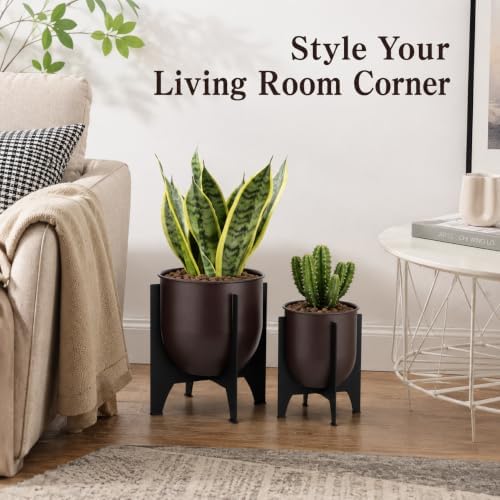 TRIROCKS Set of 2 Planters with Stand Indoor Outdoor Metal Plant Stand 16 &8" H Modern Planters Flower Pots for Living Room Corner Kitchen Office Garden Balcony Patio Decor - Image 5
