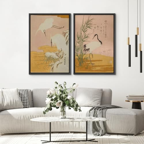 SIGNWIN Framed Canvas Print Wall Art Set Japanese Crane Vintage Style Bird and Bamboo Illustrations Modern Art Rustic Minimal for Living Room, Bedroom, Office - 16"" x24 x2 Black - Image 4