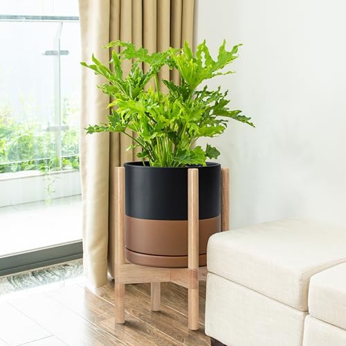 D'vine Dev Ceramic Pot with Natural Wood Stand, Black/Tan, 10 in, 55-B-K-7 - Image 2