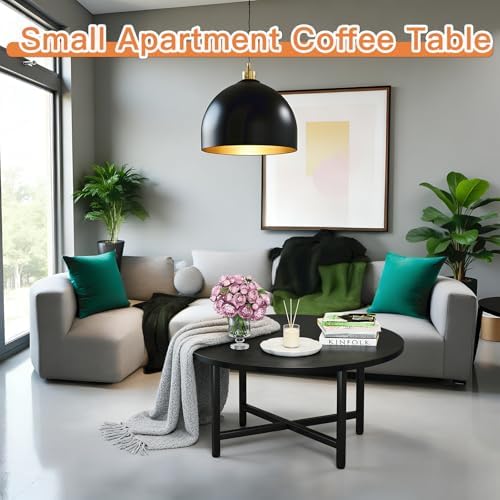 FAMIDGE Coffee Table, 23.6" Round Coffee Table, Black Living Room Tables - Image 3