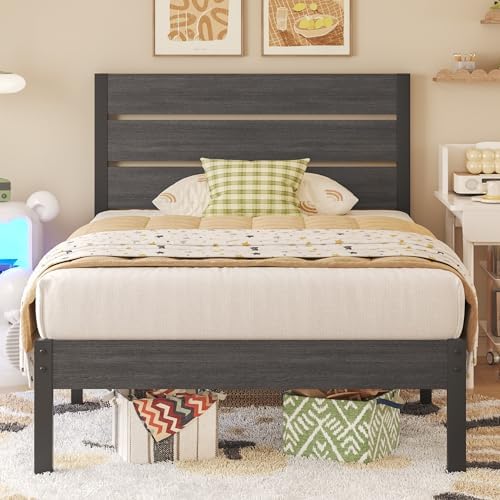 Fluest Twin Bed Frame with Headboard and Footboard, Metal Twin Bed Frame with Under Bed Storage, All-Metal Support System, No Box Spring Needed, Easy Assembly,Rustic Grey by Fluest
