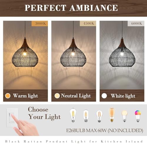 Black Rattan Pendant Light, 15.7" Rattan Chandelier Hand-Woven Wicker Pendant Light Fixtures with Solid Wood, Basket Hanging Lighting for Dining Room Kitchen Island Living Room - Image 4