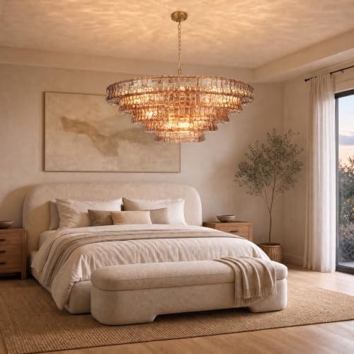 48" 5-Tier Smoked Ripple Glass Chandelier, 20-Light Round Brass Chandelier - Image 4