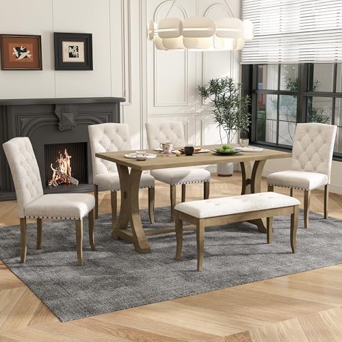 Harper & Bright Designs Classic and Traditional Style 6 - Piece Dining Set, Includes Dining Table, 4 Upholstered Chairs & Bench (White+Gray) (White+Gray) (Natural Wood Wash1) by HarperBrightDesigns