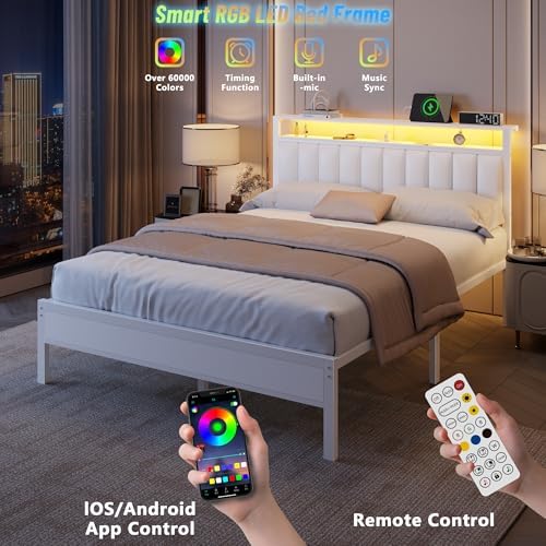 Furnulem White Queen Bed Frame with PU Upholstered Headboard & LED Lights - Image 3