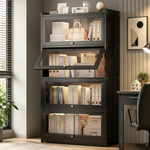 55" Bamboo Bookcases,Book Shelfs with Acrylic Doors,Freestanding Display Storage Shelves for Collectibles,4 Tier Tall Bookshelfs & Bookcases for Living Room Bedroom Home Office by Displaycabinet