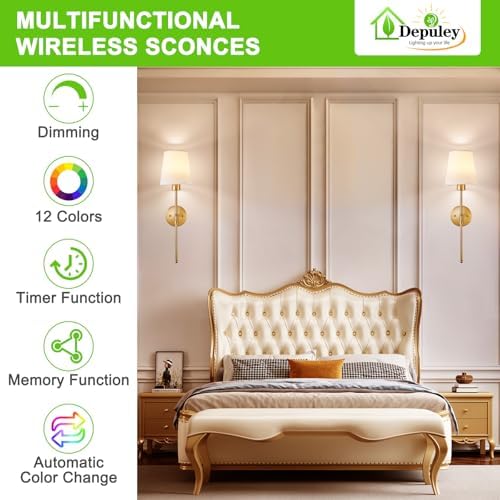 Depuley Battery Operated Wall Sconce: Set of 2 Wireless Wall Lights with 10000mAh Dimmable Bulbs and Remote for Bedroom - Rechargeable 15 Colors Gold Wall Lamp for Living Room Hallway - Image 3