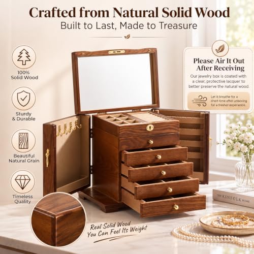Sintuff 6 Layer Solid Wood Jewelry Box Lockable with Mirror Gift for Women - Image 3