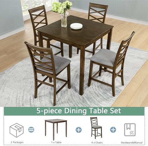 Harper & Bright Designs Counter Height Dining Table Set 5-Piece, 34.5" Square Wooden Table & 4 Upholstered Chairs, Modern Walnut Finish Counter Height Set for Kitchen, Dining Room, Small Spaces - Image 7