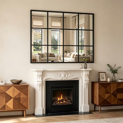 Dewfig Rectangle Wall Mirror, 47"x30" Metal Frame Windowpane Mirror, Black - Image 2