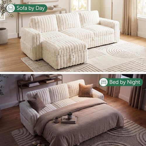 HONBAY Plush Corduroy Modular Sectional Sofa with Pull Out Bed L Shaped Sleeper Sofa with Storage Sectional Couches for Living Room,Plush Beige - Image 4