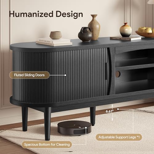 Decofy Mid Century TV Stand for TVs up to 90 Inches, Entertainment Center with Storage, Power Outlet, Fluted Sliding Doors & Adjustable Shelves, Modern Media TV Console Table for Living Room (Black) - Image 5