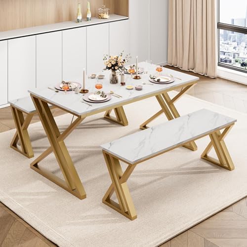CABIHOME Space-Saving Rectangular Dining Table Set for 4 – Includes Table and 2 Benches – Durable x-Shaped Metal Frame – Perfect for Kitchen, Dining Room, Apartment, or Studio – Gold White by CABIHOME
