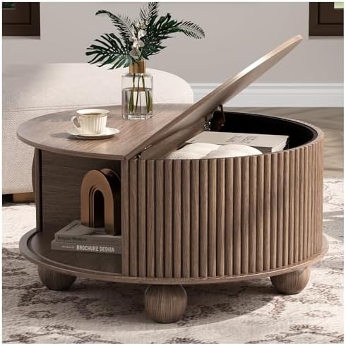JOINICE 31.5" Round Coffee Table with Storage,Unique Bun Feet,Walnut Finish by Joinice
