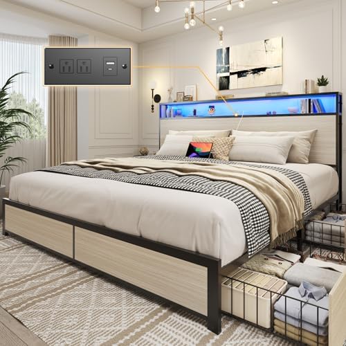 Lifezone King Bed Frame with 2-Tier Storage Headboard, Metal Platform Bed Frame with 4 Storage Drawers, Built in Charging Station & LED, Noise-Free/Metal Support/No Box Spring Needed, Beige by Lifezone