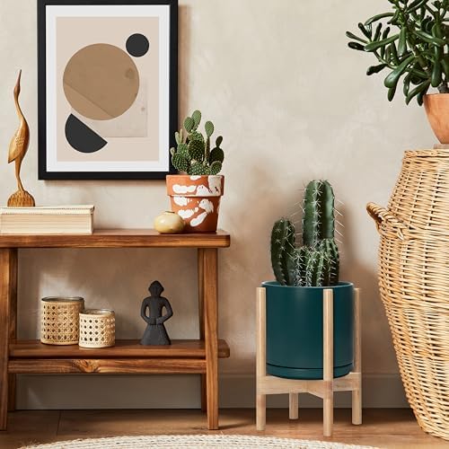 D'vine Dev Ceramic Pot with Natural Wood Stand, Teal, 10 in, 55-B-K-4 - Image 6