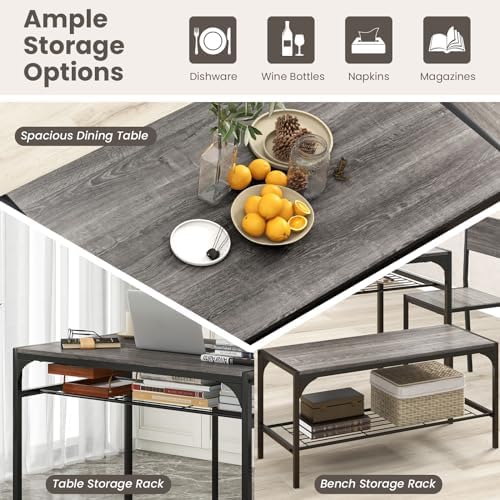 GIANTEX Dining Table Set for 4, Kitchen Table with Chairs & Bench, Storage Racks, Metal Frame, 4-Piece Space-Saving Dinette Set for Dining Room, Breakfast Nook, Small Space, Apartment, Grey - Image 4