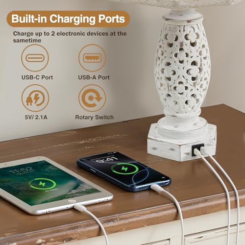 Lamps for Night Stands Set of 2-23.5" Bedside Lamp with USB A+C and Nightlight - Rustic Farmhouse Table Lamp for Bedrooms, End Tables, Living Room - French Country Decor, Bulbs Included, Cream - Image 2