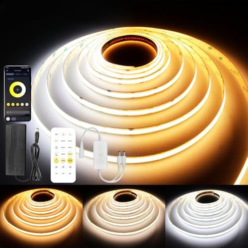 CCT COB LED Strip Lights, 49ft Dimmable 2700K-6500K 24V Tunable White LED Light Strip Kit, High Density CRI 90+ LED Strips with Remote Controller and Power Supply, for Bedroom Kitchen Home Lighting by AXMOTUT