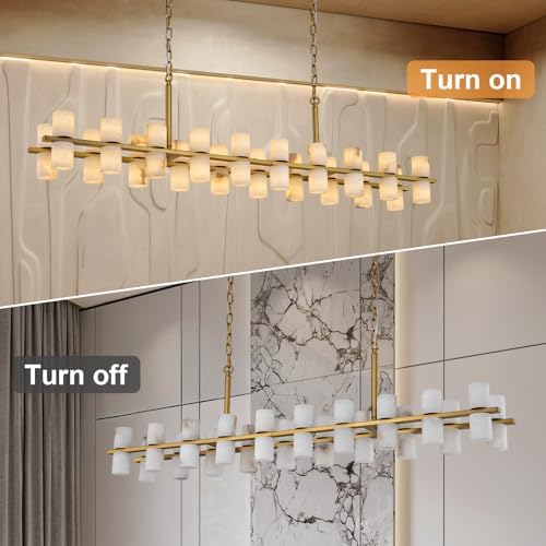 Alabaster Rectangular Chandelier for Dining Room, L54in Modern Chandeliers, Adjustable Marble Pendant Light Fixture, Rectangle Chandelier for Dining Table Living Room Kitchen Island(Brass) - Image 6